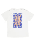 Introducing the Boys’ Surf Club Good Vibes Vintage Tee from Feather 4 Arrow—a white, premium cotton T-shirt with a back graphic of a stylized sun, palm tree, and waves, bordered by blue “SURF CLUB GOOD VIBES SURF CLUB” text. The perfect vintage tee for any Surf Club enthusiast.