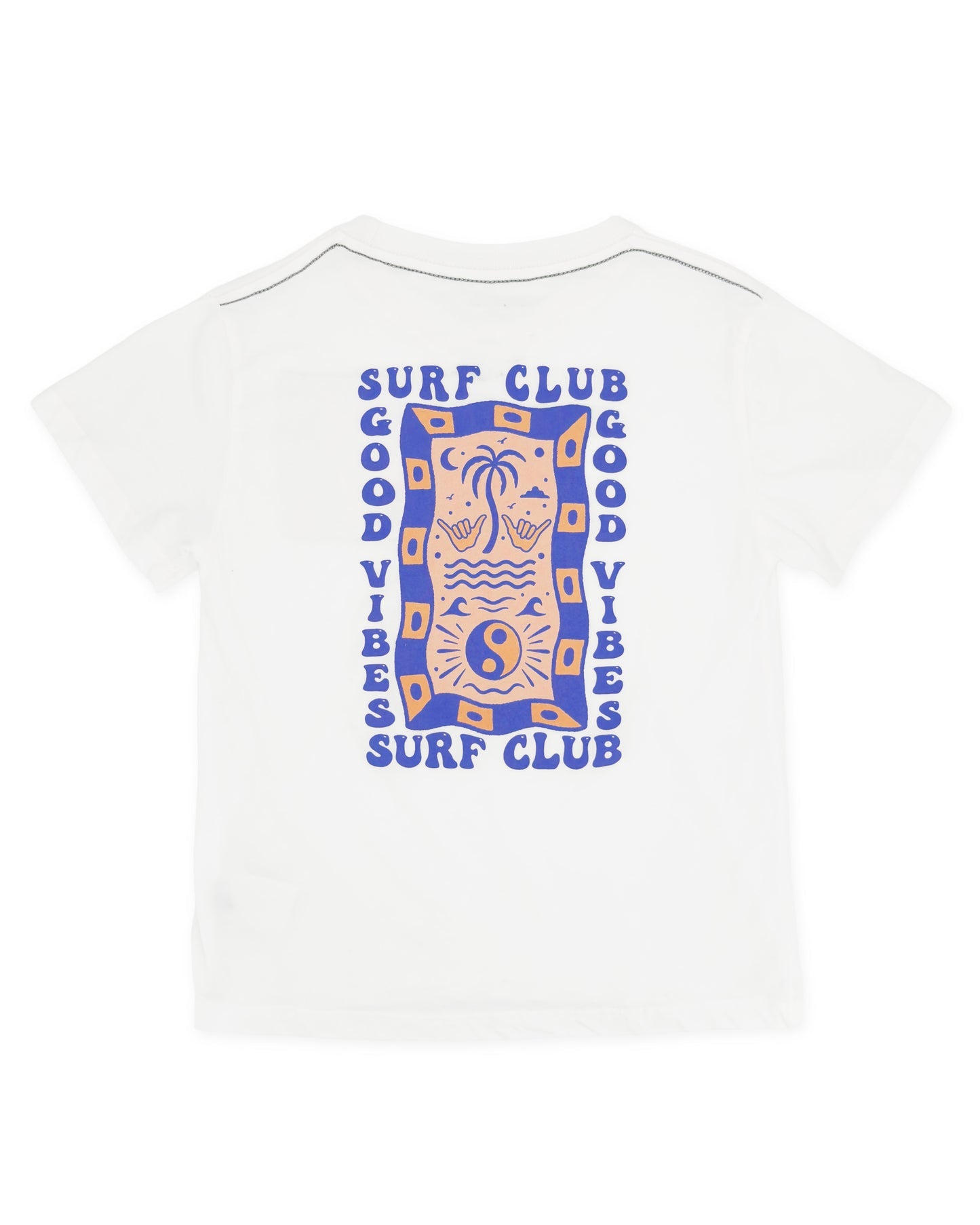 Introducing the Boys’ Surf Club Good Vibes Vintage Tee from Feather 4 Arrow—a white, premium cotton T-shirt with a back graphic of a stylized sun, palm tree, and waves, bordered by blue “SURF CLUB GOOD VIBES SURF CLUB” text. The perfect vintage tee for any Surf Club enthusiast.