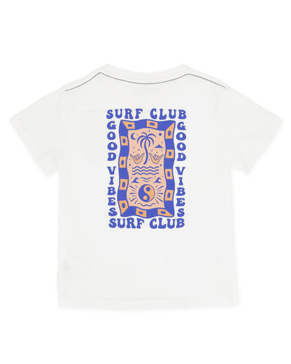 Introducing the Boys’ Surf Club Good Vibes Vintage Tee from Feather 4 Arrow—a white, premium cotton T-shirt with a back graphic of a stylized sun, palm tree, and waves, bordered by blue “SURF CLUB GOOD VIBES SURF CLUB” text. The perfect vintage tee for any Surf Club enthusiast.