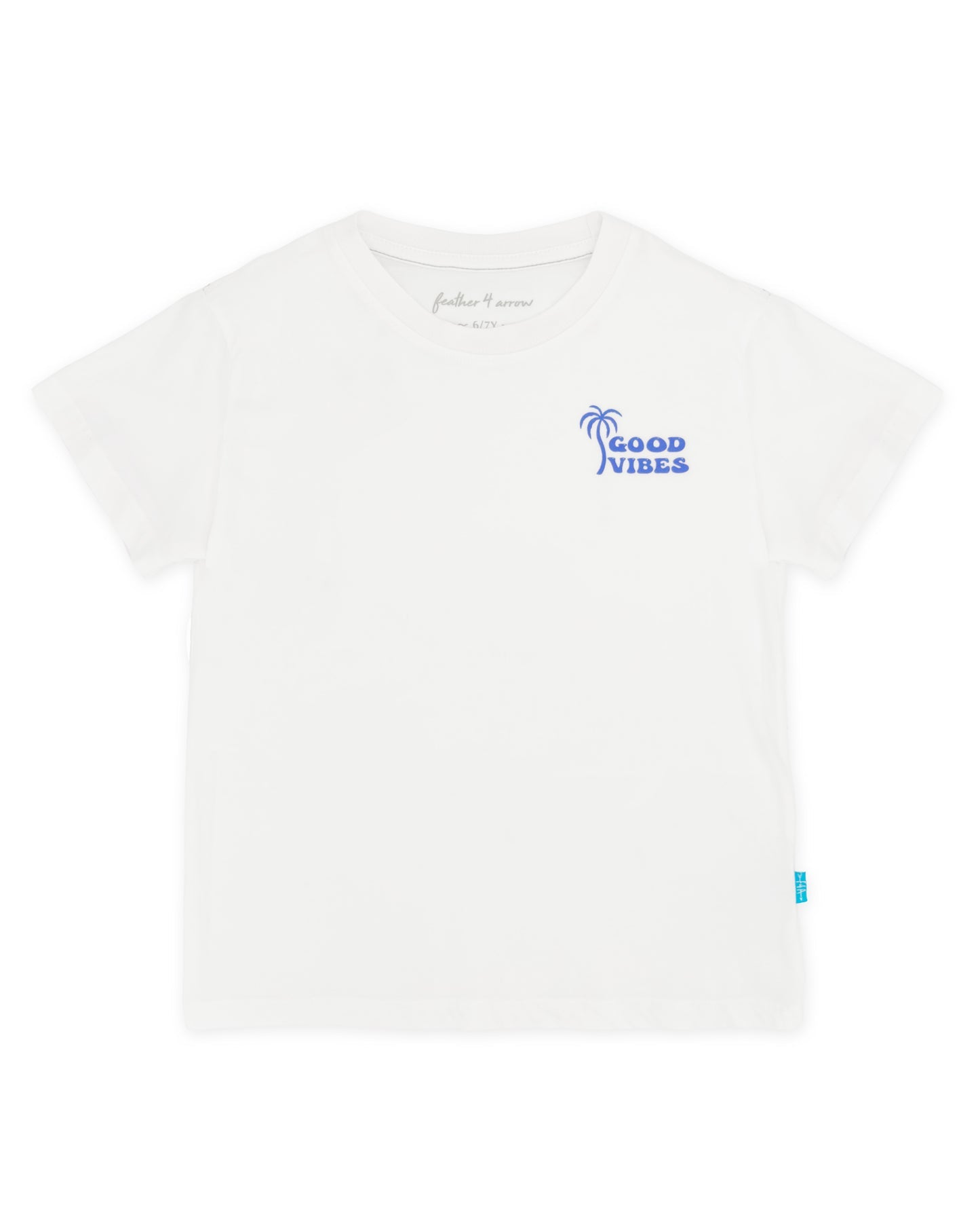 The Boys’ Surf Club Good Vibes Vintage Tee by Feather 4 Arrow is a white t-shirt made from premium cotton, adorned with a small blue “Good Vibes” text and a palm tree graphic on the upper left chest—capturing the laid-back spirit of the Good Vibes x Surf Club.