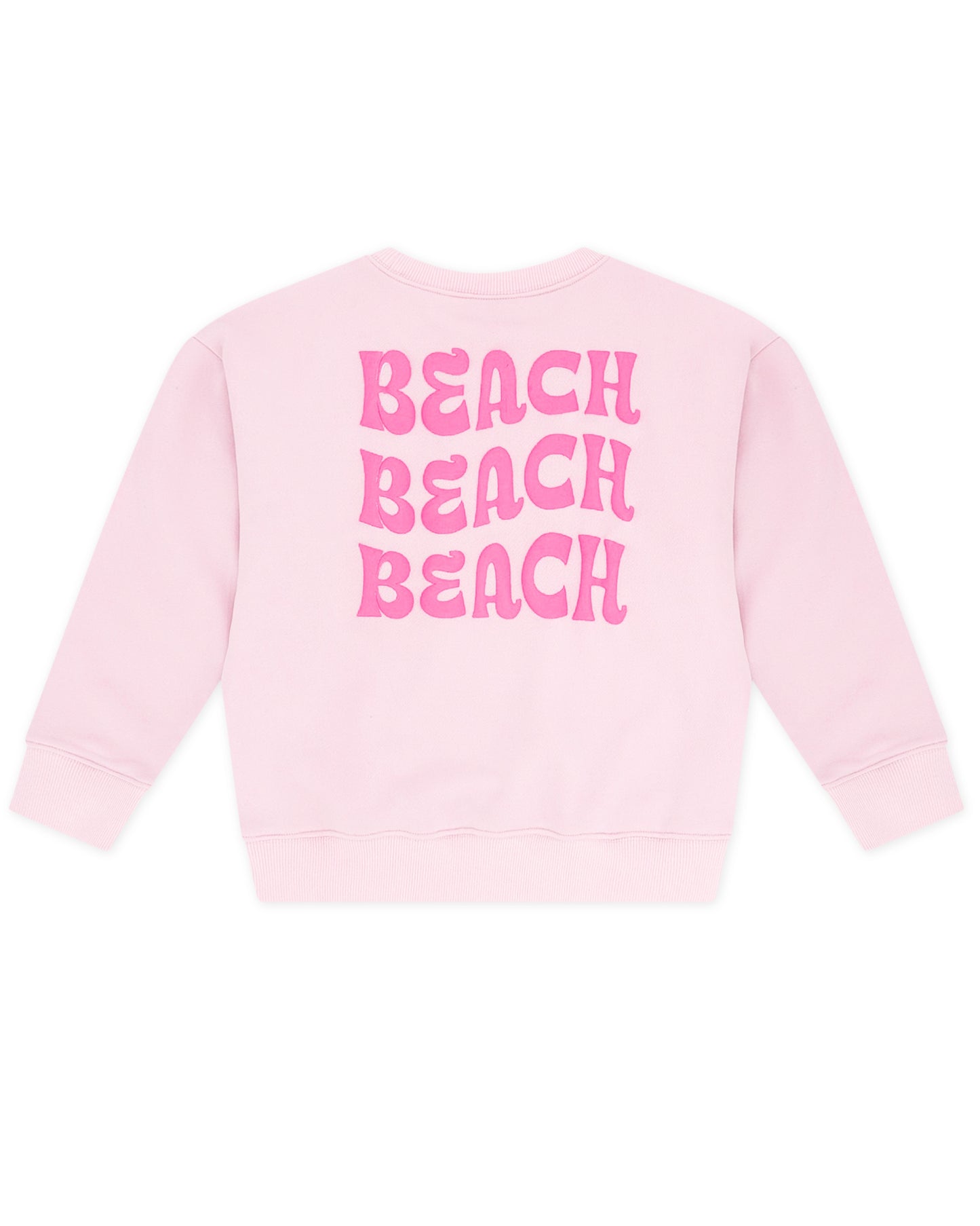 The Feather 4 Arrow Baby Girls’ and Girls’ Weekend Sweatshirt features a light pink french terry fabric, with “BEACH” printed three times in bold, trendy pink puff print letters on the back.