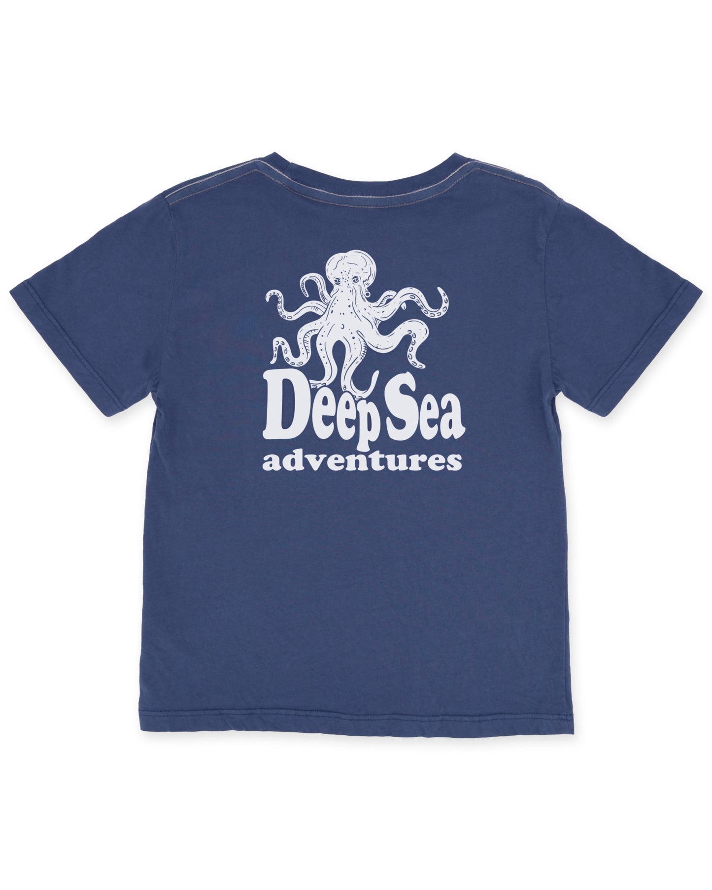 Introducing the Feather 4 Arrow Baby Boys’ and Boys’ Deep Sea Adventures Vintage Tee, a navy blue comfy t-shirt made from premium cotton, adorned with a white octopus graphic and “Deep Sea Adventures” printed on the back for a soft, vintage hand feel.