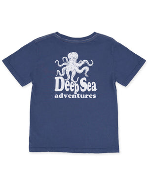 Introducing the Feather 4 Arrow Baby Boys’ and Boys’ Deep Sea Adventures Vintage Tee, a navy blue comfy t-shirt made from premium cotton, adorned with a white octopus graphic and “Deep Sea Adventures” printed on the back for a soft, vintage hand feel.