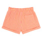 The Feather 4 Arrow Girls’ Salty Short features pink and orange striped gauze fabric with an elastic waistband, rolled cuffs, and a single back pocket, shown on a white background for a relaxed, casual style.