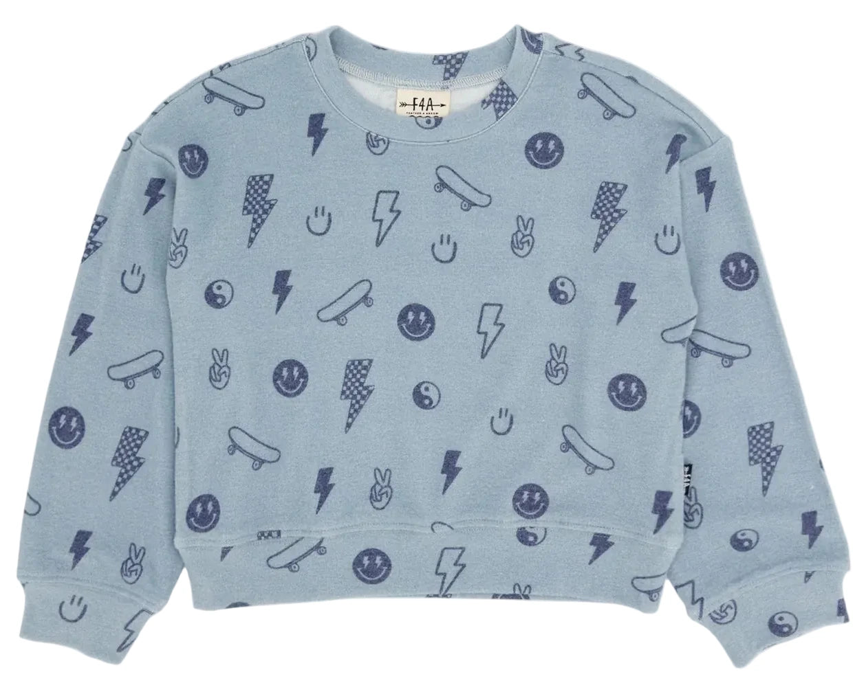 The Feather 4 Arrow Baby Boys’ and Boys’ Icon Hacci Set features a light blue sweatshirt adorned with dark blue prints of lightning bolts, smiley faces, peace signs, flags, and skateboards. Made from ultra-soft hacci fabric for maximum comfort, this kids’ loungewear set is shown laid flat on a white background.