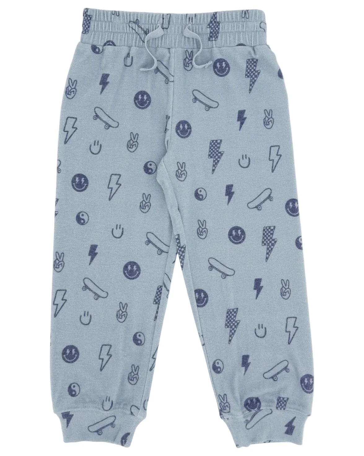 The Feather 4 Arrow Baby Boys’ and Boys’ Icon Hacci Set features light blue children’s sweatpants crafted from soft hacci fabric, decorated with navy blue graphics like skateboards, lightning bolts, peace signs, smiley faces, and yin-yang symbols. This cozy kids loungewear set includes a matching top and bottoms with a drawstring waist and elastic cuffs for comfort.