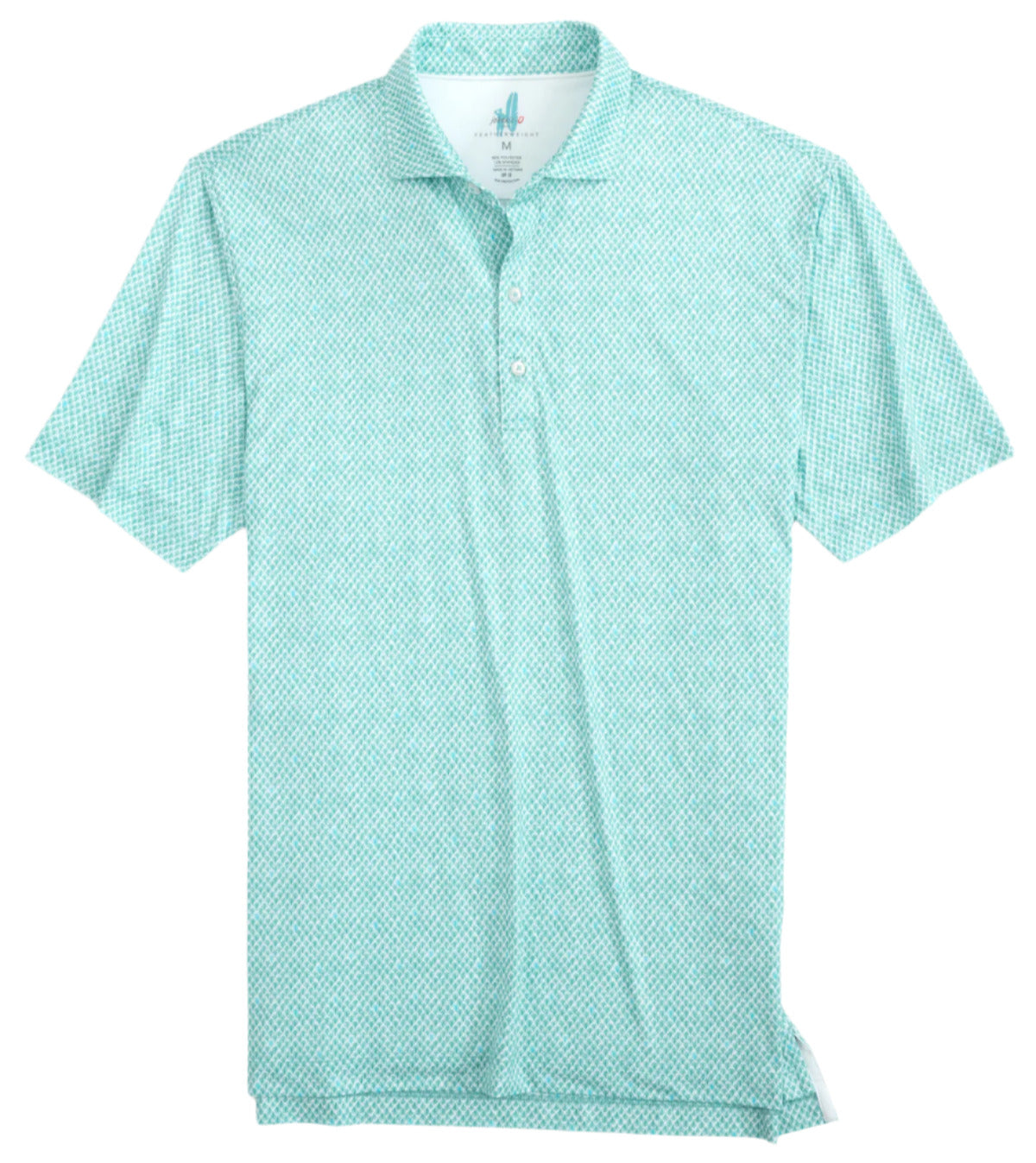 The Johnnie-O Featherweight Performance Fernando Polo, a light blue and white patterned short-sleeve shirt with a collar and button placket, offers UPF 50 protection and is displayed on a white background.