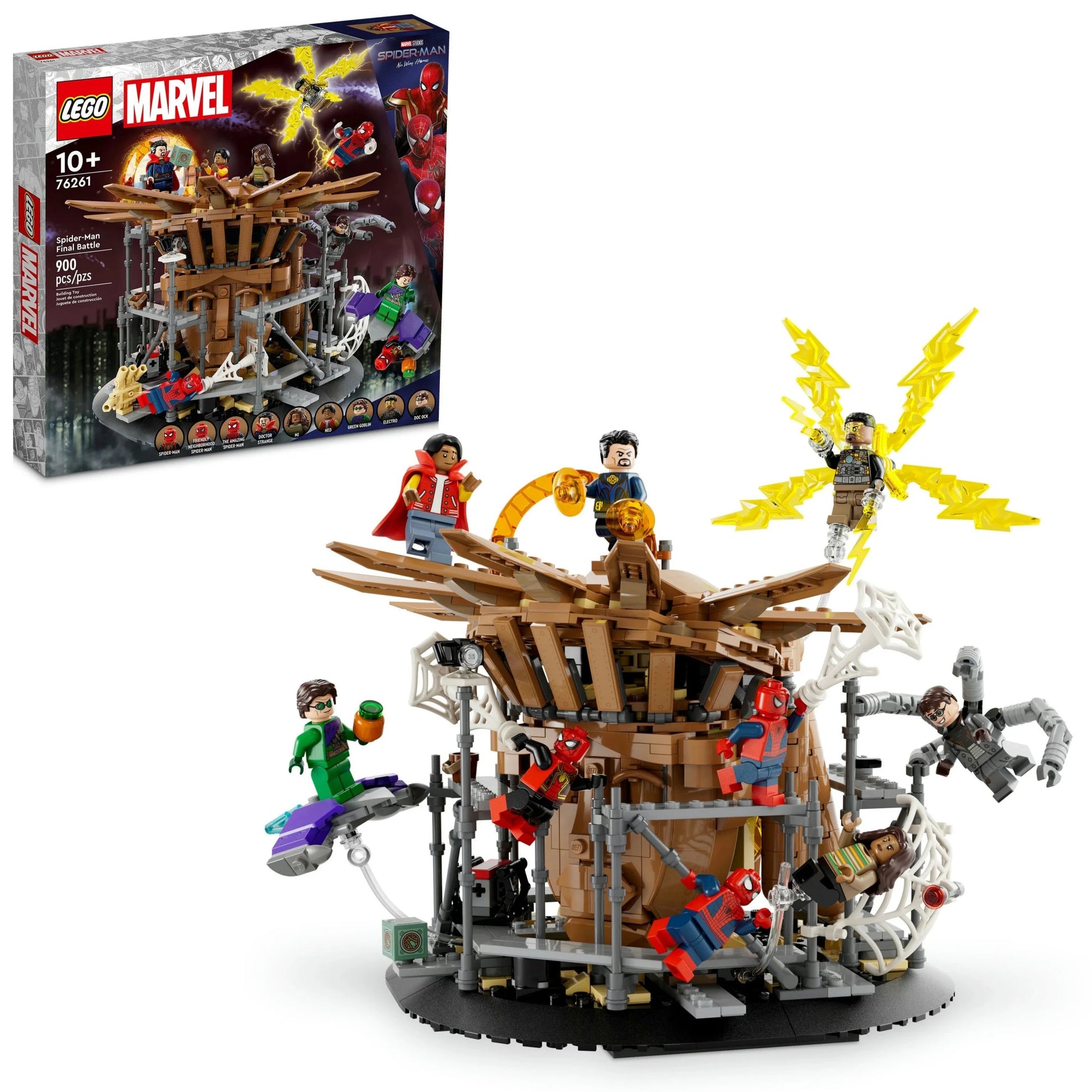 Introducing the LEGO® Spider-Man Final Battle set by Legos - Toyhouse, inspired by Spider-Man: No Way Home. This intricate build includes multiple Spider-Man figures and iconic villains such as Doc Ock and Green Goblin, with its impressive box displayed in the background. Perfect for ages 10 and up.