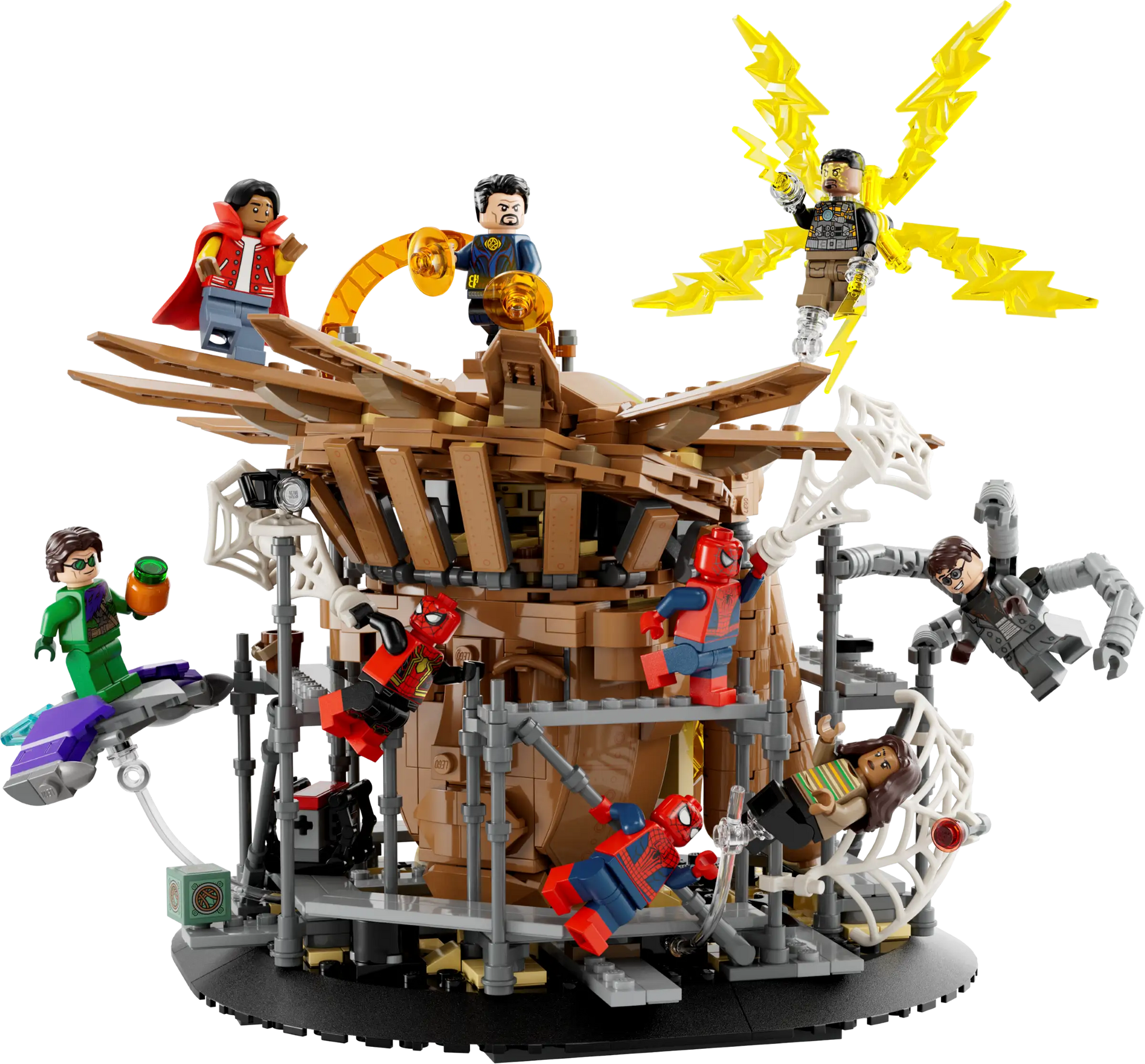 The LEGO® Spider-Man Final Battle set from Legos - Toyhouse captures the excitement of Spider-Man: No Way Home, showcasing superhero figures like Peter Parker in an action-packed battle scene with a wooden structure adorned with web and lightning details.