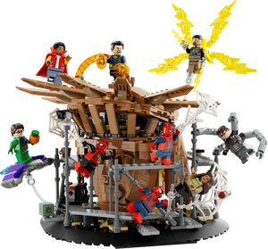 The LEGO® Spider-Man Final Battle set from Legos - Toyhouse captures the excitement of Spider-Man: No Way Home, showcasing superhero figures like Peter Parker in an action-packed battle scene with a wooden structure adorned with web and lightning details.