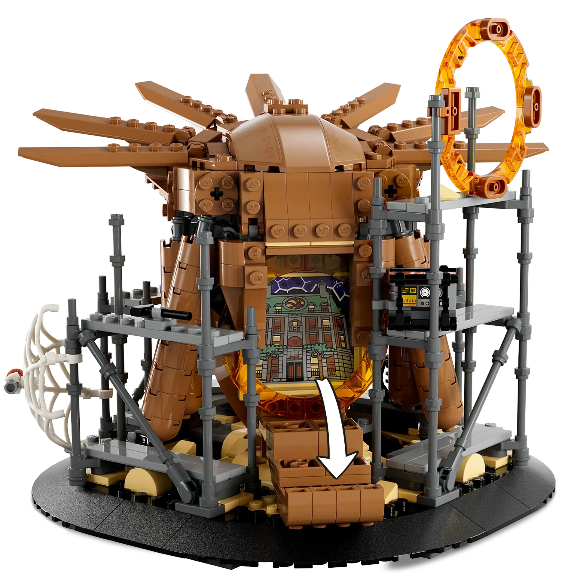 A detailed LEGO set, the LEGO® Spider-Man Final Battle by Legos - Toyhouse, resembles a complex mechanical structure with gears and a circular component, capturing the iconic style of Marvel Studios.