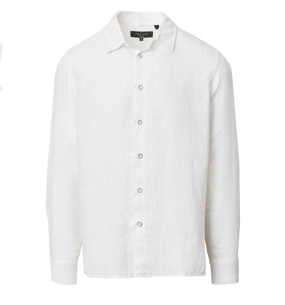 The Finch Linen Shirt by Rag & Bone is a plain white, long sleeve, collared shirt with a relaxed fit, displayed on a white background.