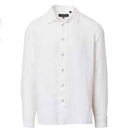 The Finch Linen Shirt by Rag & Bone is a plain white, long sleeve, collared shirt with a relaxed fit, displayed on a white background.