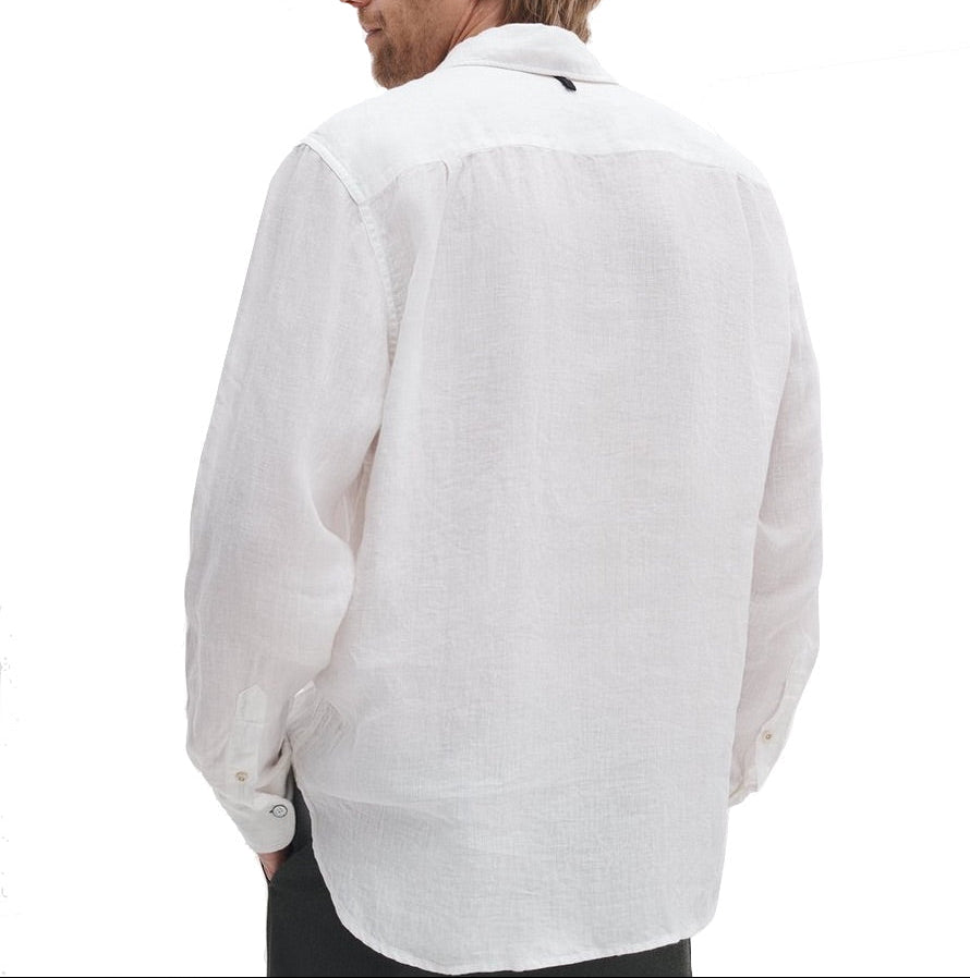 A person is shown from the back against a plain background wearing the Rag & Bone Finch Linen Shirt, a relaxed fit white long sleeve shirt.