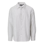 The Finch Linen Stripe Shirt by Rag & Bone is a long-sleeve, relaxed fit button-up with a collared neckline, showcasing a white base with thin vertical gray stripes. Made from a soft linen-cotton blend, this shirt is presented against a plain white background.