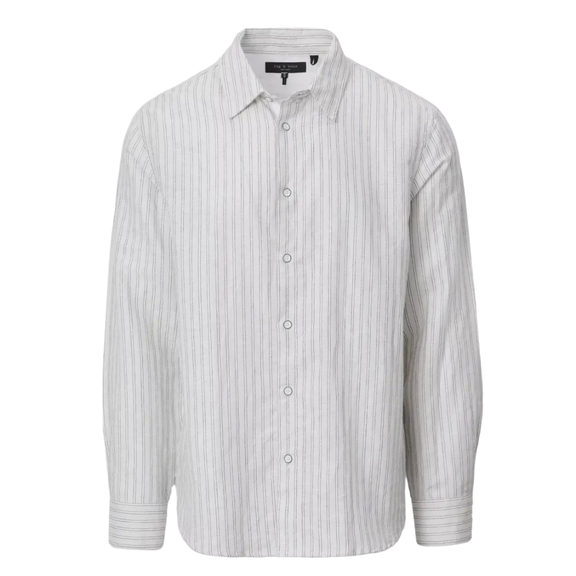 The Finch Linen Stripe Shirt by Rag & Bone is a long-sleeve, relaxed fit button-up with a collared neckline, showcasing a white base with thin vertical gray stripes. Made from a soft linen-cotton blend, this shirt is presented against a plain white background.