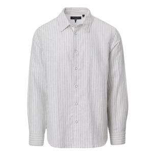 The Finch Linen Stripe Shirt by Rag & Bone is a long-sleeve, relaxed fit button-up with a collared neckline, showcasing a white base with thin vertical gray stripes. Made from a soft linen-cotton blend, this shirt is presented against a plain white background.
