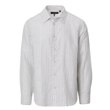 The Finch Linen Stripe Shirt by Rag & Bone is a long-sleeve, relaxed fit button-up with a collared neckline, showcasing a white base with thin vertical gray stripes. Made from a soft linen-cotton blend, this shirt is presented against a plain white background.