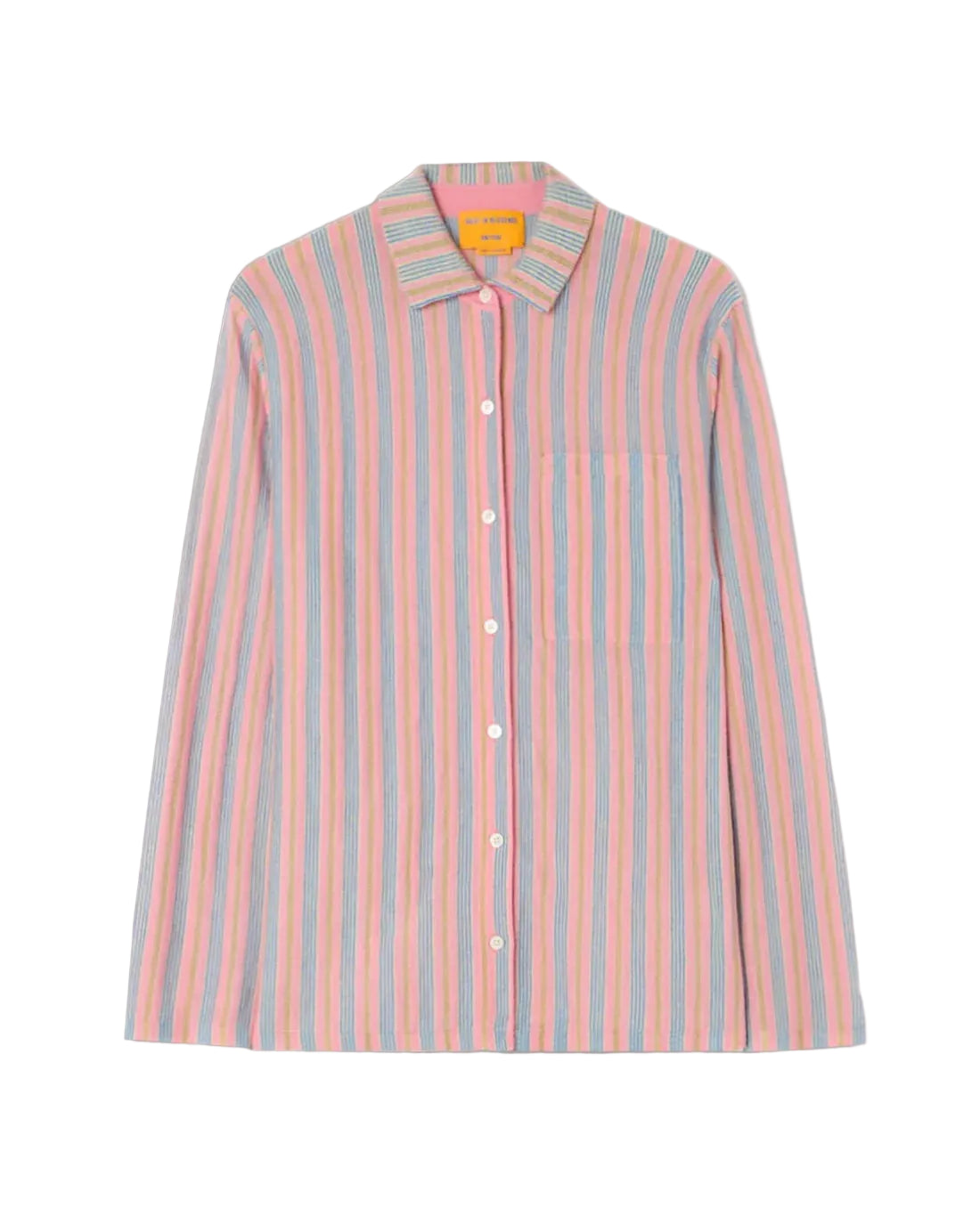 The Fine Stripe Showtime Shirt by Guest in Residence features a relaxed fit, long sleeves, vertical pink, blue, and white stripes, a front chest pocket, and a pointed collar.