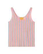 The Fine Stripe Tank by Guest in Residence is a sleeveless knit top with vertical pastel pink, blue, and yellow stripes on white, a scoop neckline, and a yellow tag inside the collar.