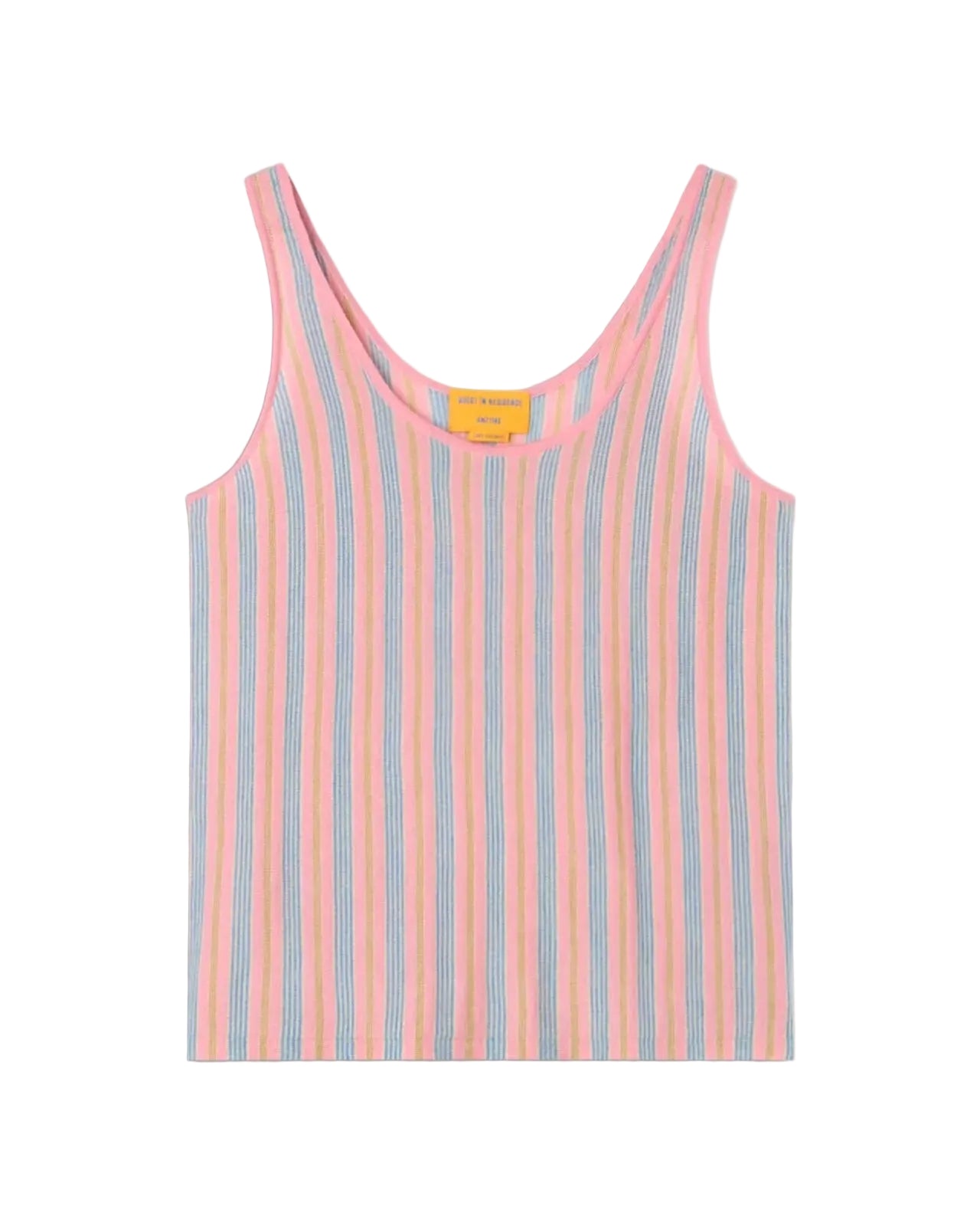 The Fine Stripe Tank by Guest in Residence is a sleeveless knit top with vertical pastel pink, blue, and yellow stripes on white, a scoop neckline, and a yellow tag inside the collar.
