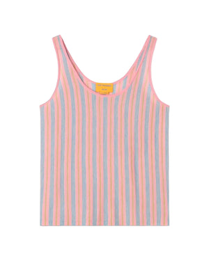 The Fine Stripe Tank by Guest in Residence is a sleeveless knit top with vertical pastel pink, blue, and yellow stripes on white, a scoop neckline, and a yellow tag inside the collar.