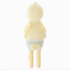 Finley the Duckling by Cuddle + Kind is a soft, yellow plush toy shown from the back, dressed in a light blue striped jumper with a rounded tail and textured wings. Standing against a white background, this adorable 13" cuddly duckling makes a perfect birthday gift.