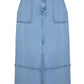 The Parke Skirt by Hunter Bell NYC is a light blue midi denim skirt with a stylish front seam and slit, featuring two large front pockets and a waistband with button closure.