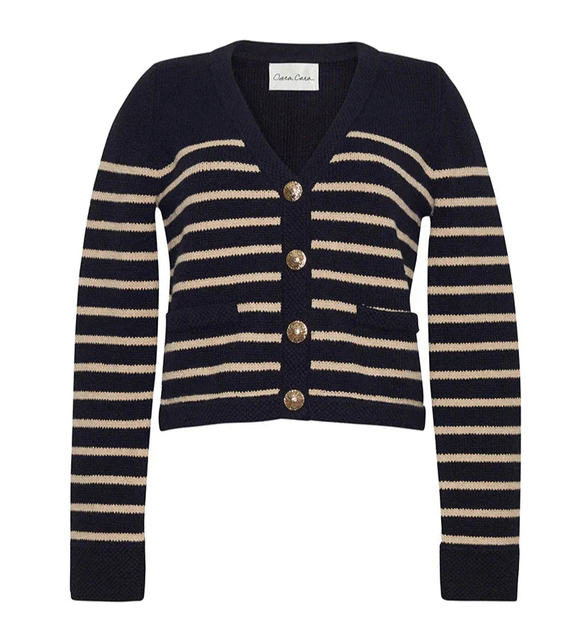 The **Cara Cara Finnegan Jacket** by **Cara Cara** is a navy blue cardigan featuring beige horizontal stripes and gold buttons on the front. It boasts a V-neck, long sleeves, and novelty stitch trims for an elegant touch.