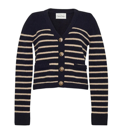 The **Cara Cara Finnegan Jacket** by **Cara Cara** is a navy blue cardigan featuring beige horizontal stripes and gold buttons on the front. It boasts a V-neck, long sleeves, and novelty stitch trims for an elegant touch.