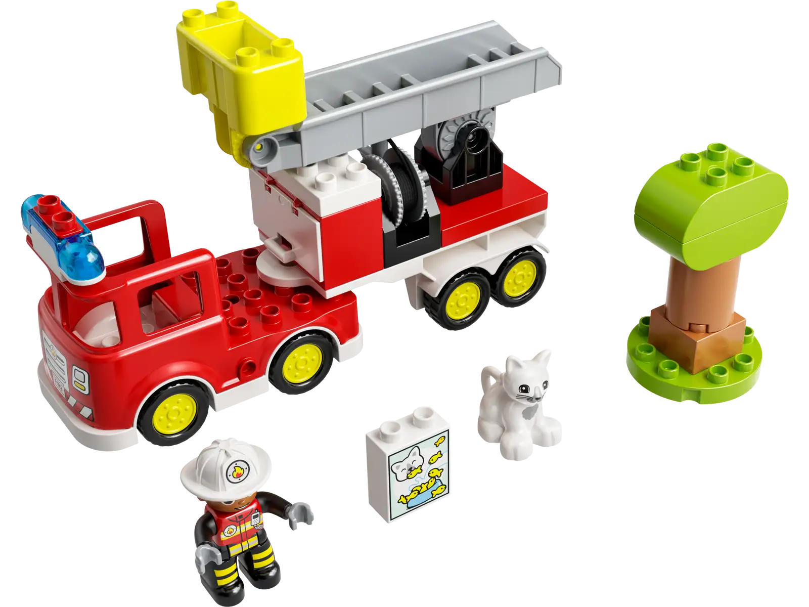 The LEGO® Duplo Fire Truck set by LEGO® features a fire truck with a ladder, firefighter and white cat figures, a drawing tile, and a green tree, all displayed on a white background.