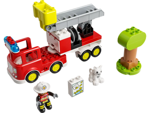 The LEGO® Duplo Fire Truck set by LEGO® features a fire truck with a ladder, firefighter and white cat figures, a drawing tile, and a green tree, all displayed on a white background.