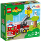 The LEGO® Duplo Fire Truck set box shows a red fire truck, firefighter figure in a lift, white cat in a tree, and set info for ages 2+ with 21 pieces.