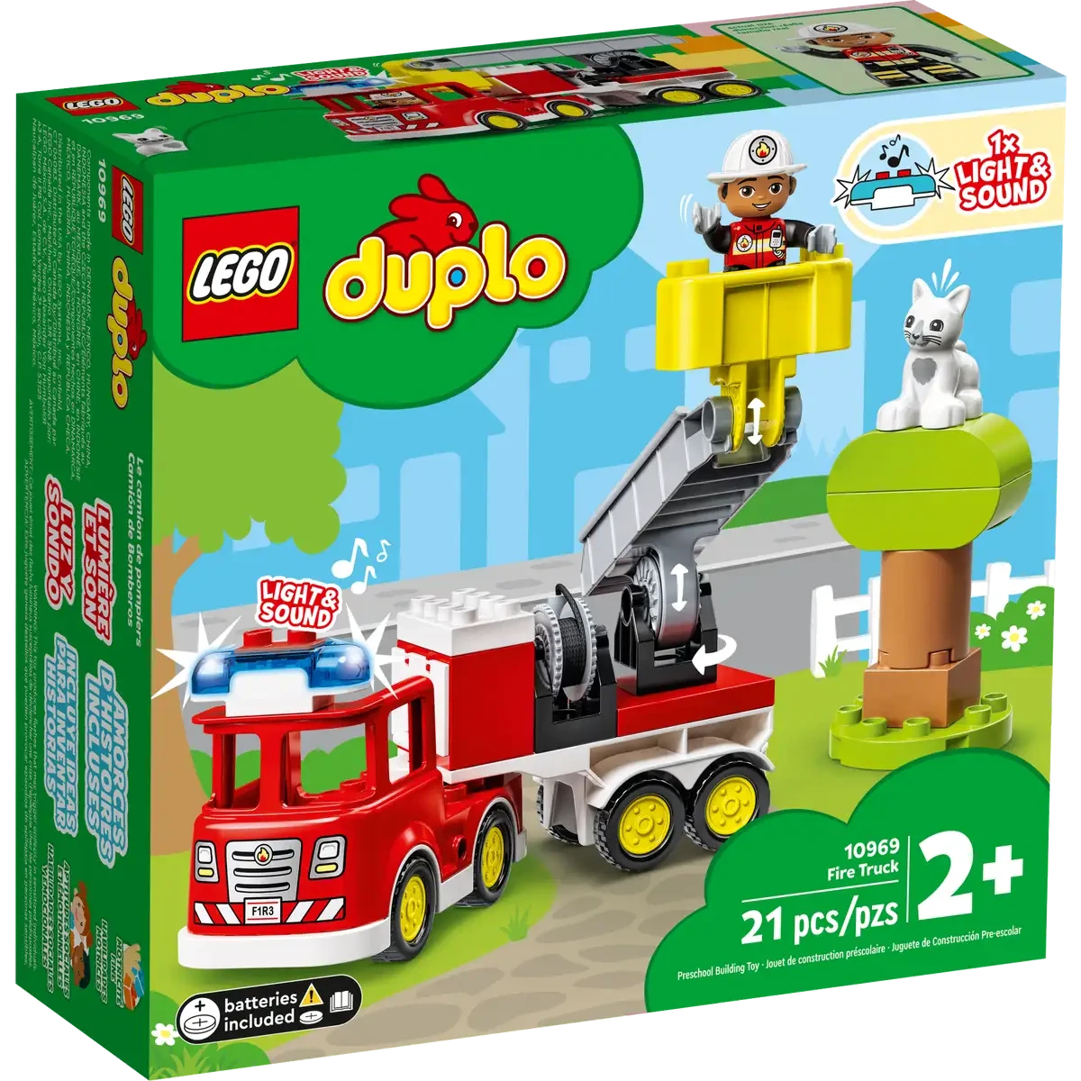 The LEGO® Duplo Fire Truck set box shows a red fire truck, firefighter figure in a lift, white cat in a tree, and set info for ages 2+ with 21 pieces.