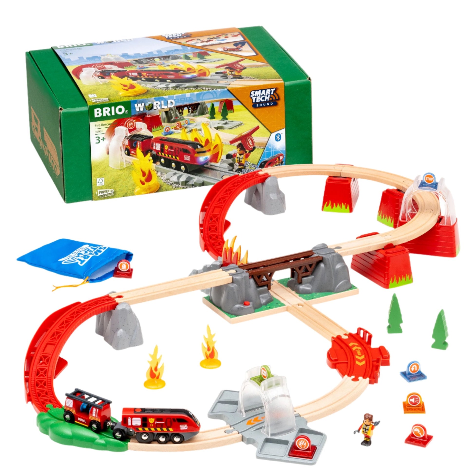 The BRIO World Fire Rescue Smart Tech Set by Brio, featuring red tracks, bridges, a train, and accessories—including Action Tags—beautifully displayed in front of its packaging.