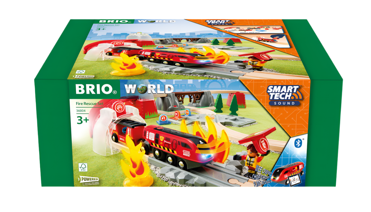 Box of a BRIO World Fire Rescue Smart Tech Set by Brio, which includes a red train, fire elements, interactive features with Smart Tech Sound, and Action Tags suitable for children aged 3 and above.