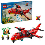 The LEGO® City Fire Rescue Plane set features a red firefighter plane, two minifigures, a forest fire scene, and the product box in the background.