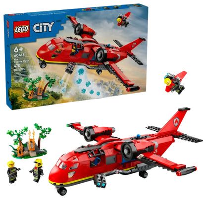The LEGO® City Fire Rescue Plane set features a red firefighter plane, two minifigures, a forest fire scene, and the product box in the background.