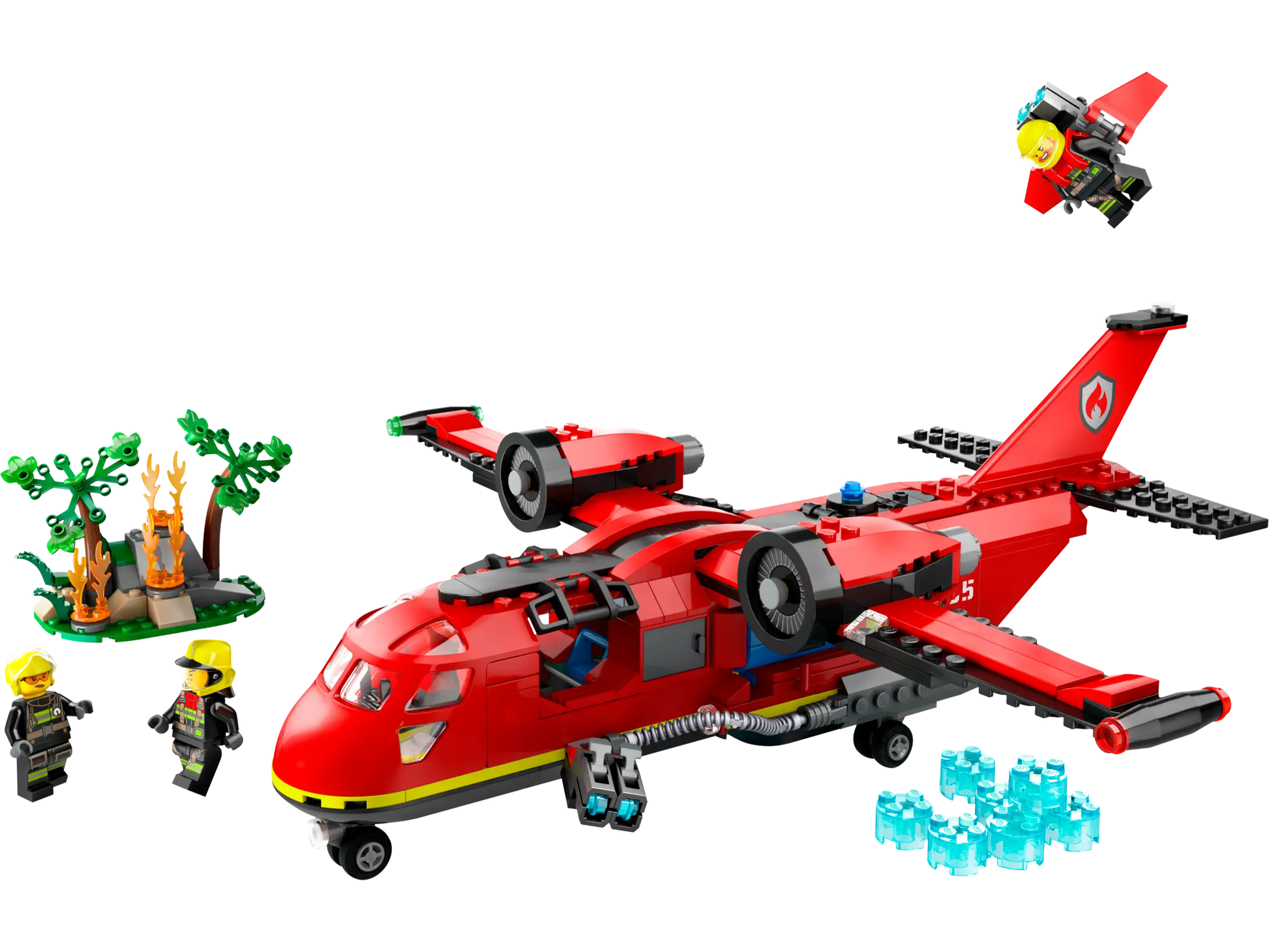 The LEGO® City Fire Rescue Plane set by LEGO® includes a firefighter plane, two minifigures, a fire scene, water elements, and a drone for exciting rescue play.