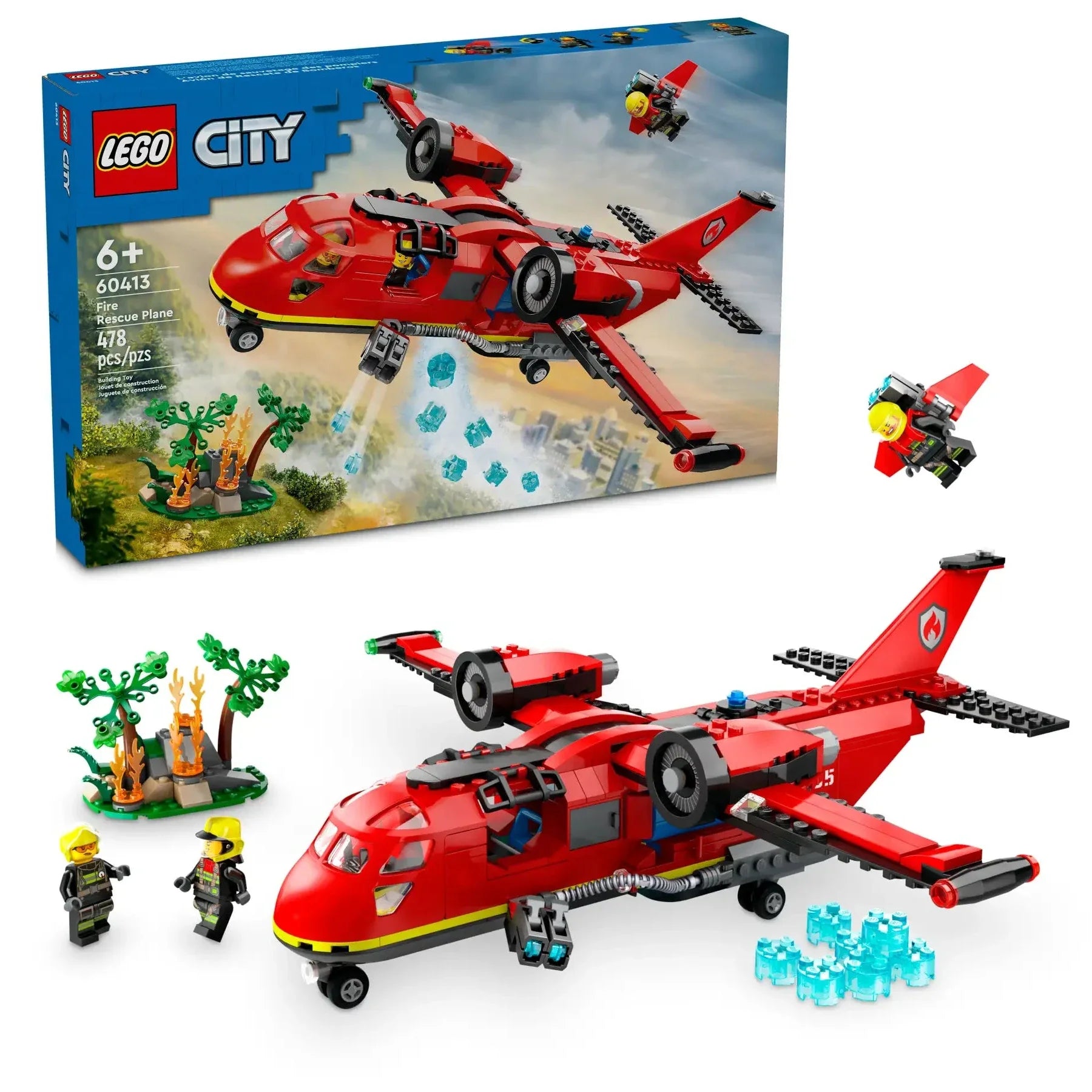 LEGO® City Fire Rescue Plane set by LEGO® includes the box, an assembled red firefighter plane, 2 firefighter minifigures, buildable scenery, accessories, and a buildable bird.