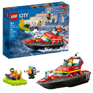 The LEGO® City Fire Rescue Boat (set 60373) is a 144-piece set with a fireboat, two minifigures, accessories, and a raft—perfect for builders ages 5+.