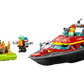 The LEGO® City Fire Rescue Boat set includes a red fireboat, two firefighter minifigures, a raft, and plastic flames—an ideal addition to any LEGO® collection.