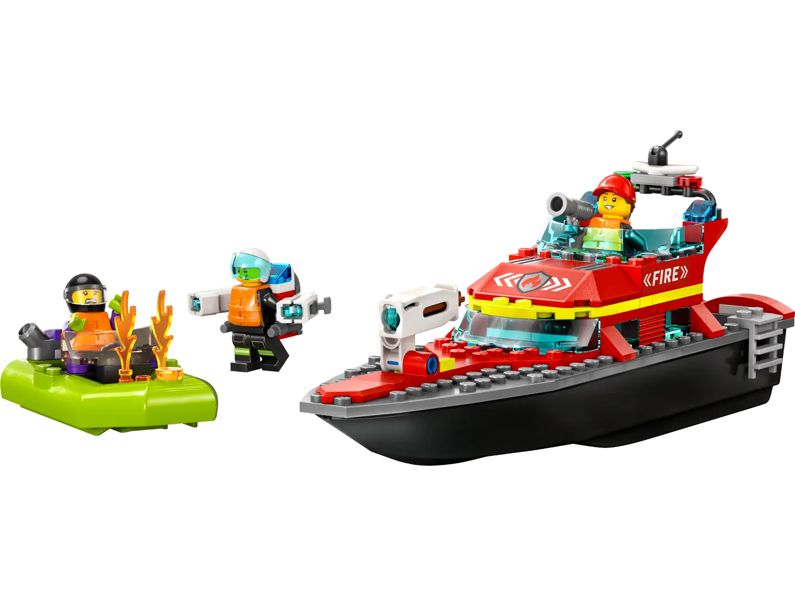 The LEGO® City Fire Rescue Boat set includes a red fireboat, two firefighter minifigures, a raft, and plastic flames—an ideal addition to any LEGO® collection.