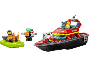The LEGO® City Fire Rescue Boat set includes a red fireboat, two firefighter minifigures, a raft, and plastic flames—an ideal addition to any LEGO® collection.