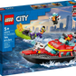 The LEGO® City Fire Rescue Boat is a 144-piece set for ages 5+, featuring a detailed fireboat, green boat, and three minifigures—shown on the box with a lively city and water backdrop.