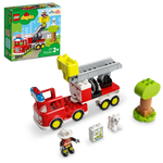 The LEGO® Duplo Fire Truck set by LEGO® includes a firefighter figure, white cat, tree, fire hydrant block, and set box—ideal for young kids who love toy fire trucks.