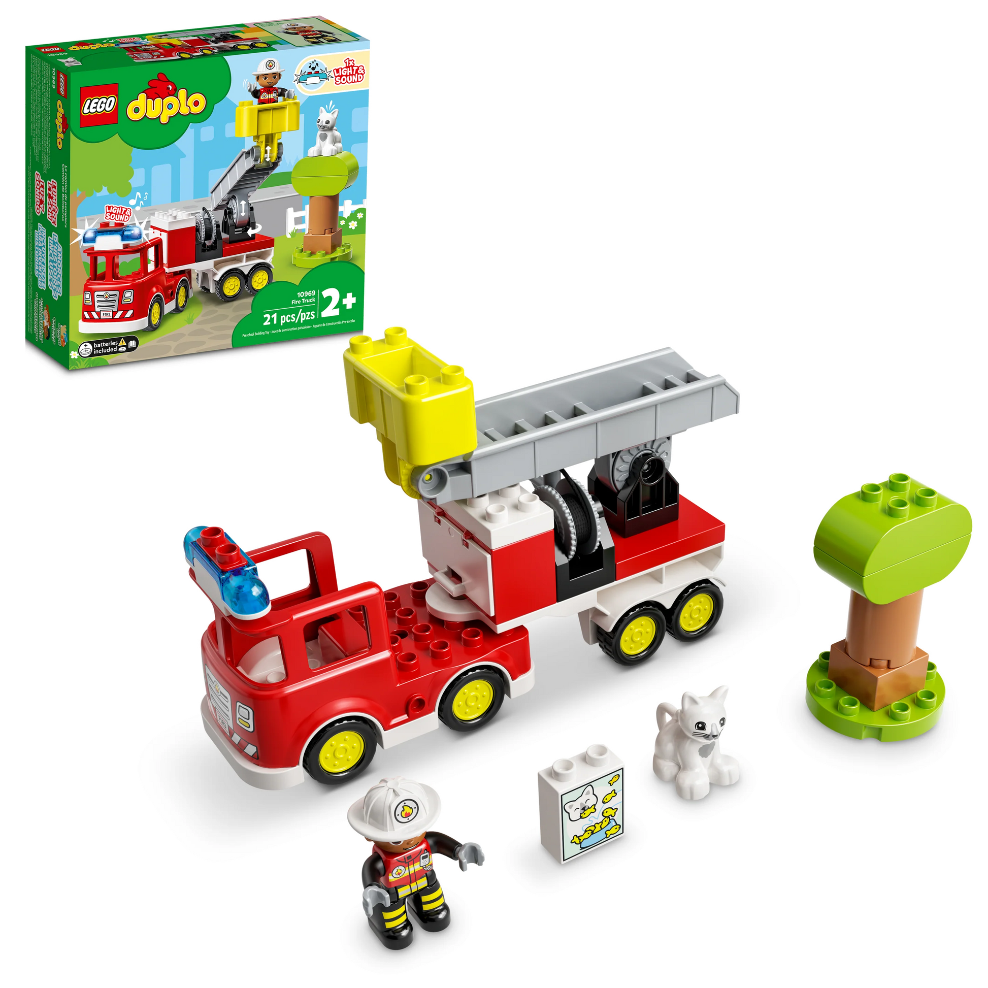The LEGO® Duplo Fire Truck set by LEGO® includes a firefighter figure, white cat, tree, fire hydrant block, and set box—ideal for young kids who love toy fire trucks.