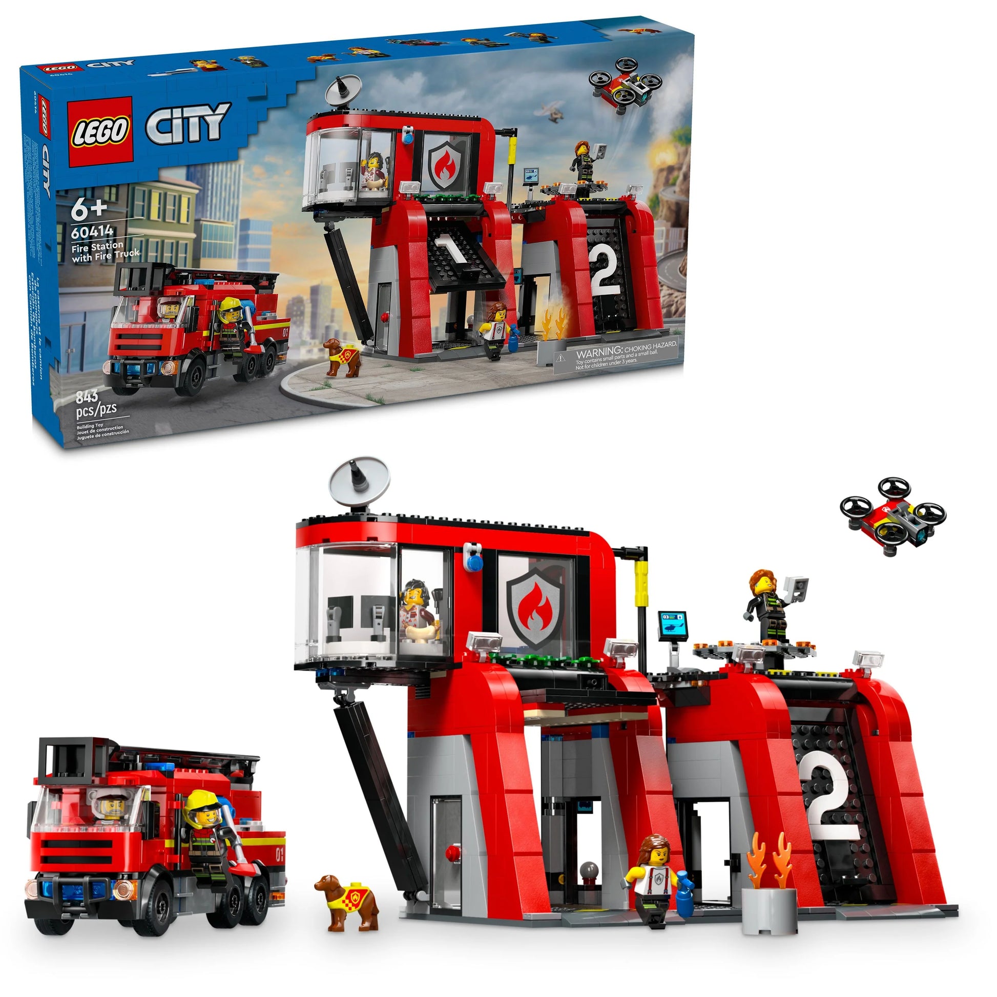 The LEGO® Fire Station with Fire Truck set by LEGO® includes a fire truck, accessories, and minifigures for action-packed rescue play; box and assembled set featured.