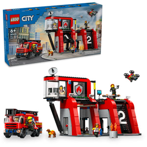 The LEGO® Fire Station with Fire Truck set by LEGO® includes a fire truck, accessories, and minifigures for action-packed rescue play; box and assembled set featured.