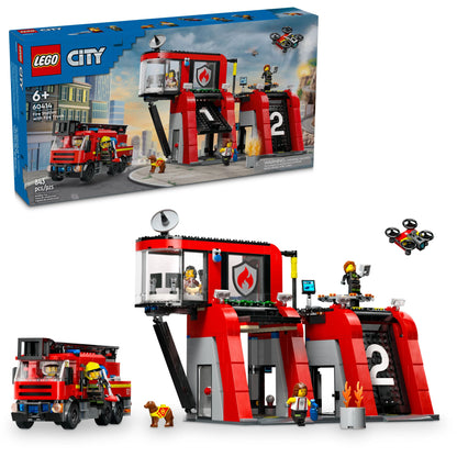 The LEGO® Fire Station with Fire Truck set by LEGO® includes a fire truck, accessories, and minifigures for action-packed rescue play; box and assembled set featured.